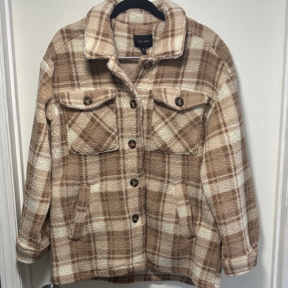 Love Tree Women's Checkered Teddy Jacket - Tan and Cream size medium